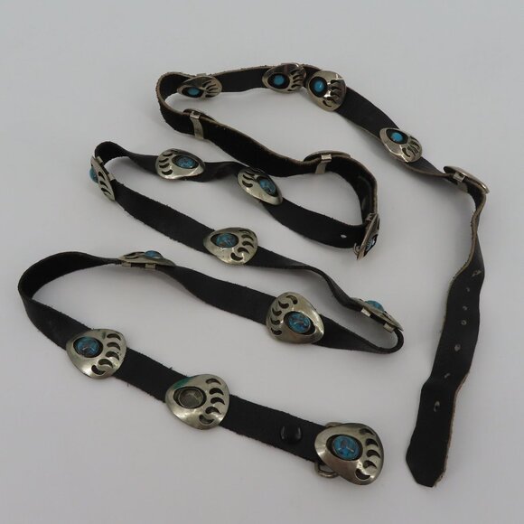 VTG Navajo Bear Paw Shadow Box Concho Belt 60in Long Silver Metal Black Leather